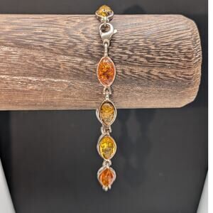 Vintage 925 Sterling Silver Multi-Color Amber Station Bracelet